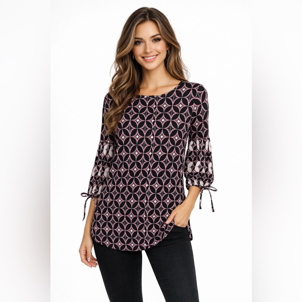 NEW Cato Black White Pink Floral Boho BlouseTie Sleeve Size Large